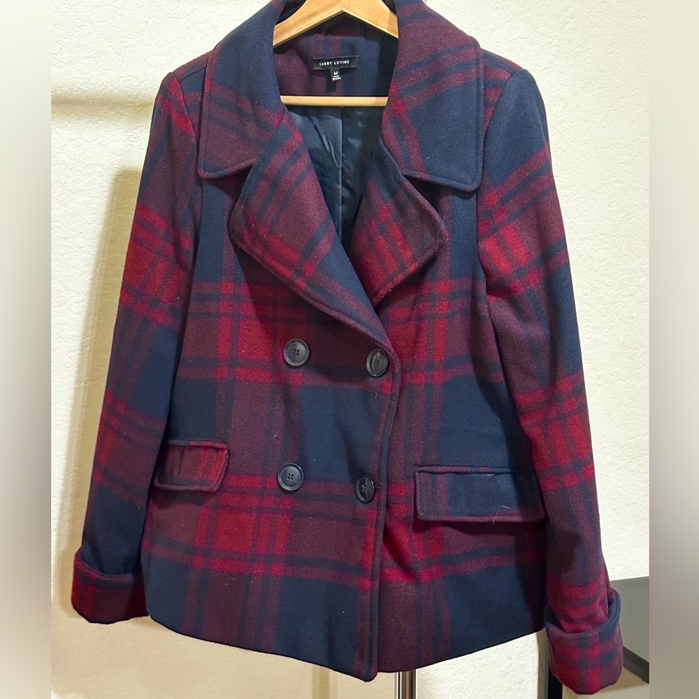 Women’s Peacoat, Navy and Red Plaid Pattern